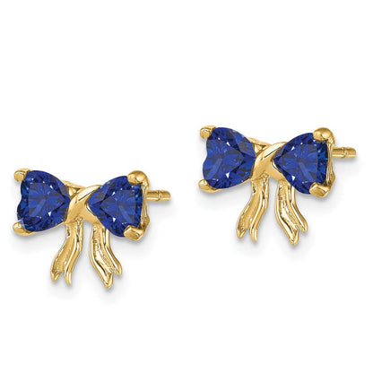 14k Gold Polished Created Sapphire Bow Post Earrings