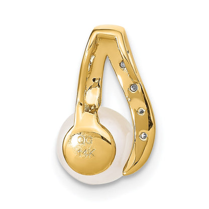 14K 7 8mm Button White FW Cultured Pearl and Rhodium Diamond Pendant