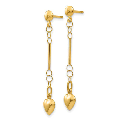 14k Yellow Gold Hollow, Polished, Puffed Heart Dangle Post Earrings XE1935