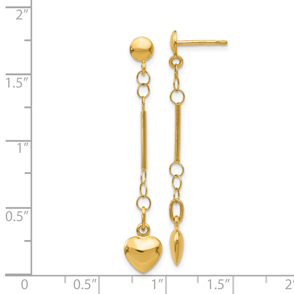 14k Yellow Gold Hollow, Polished, Puffed Heart Dangle Post Earrings XE1935