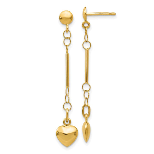 14k Yellow Gold Hollow, Polished, Puffed Heart Dangle Post Earrings XE1935