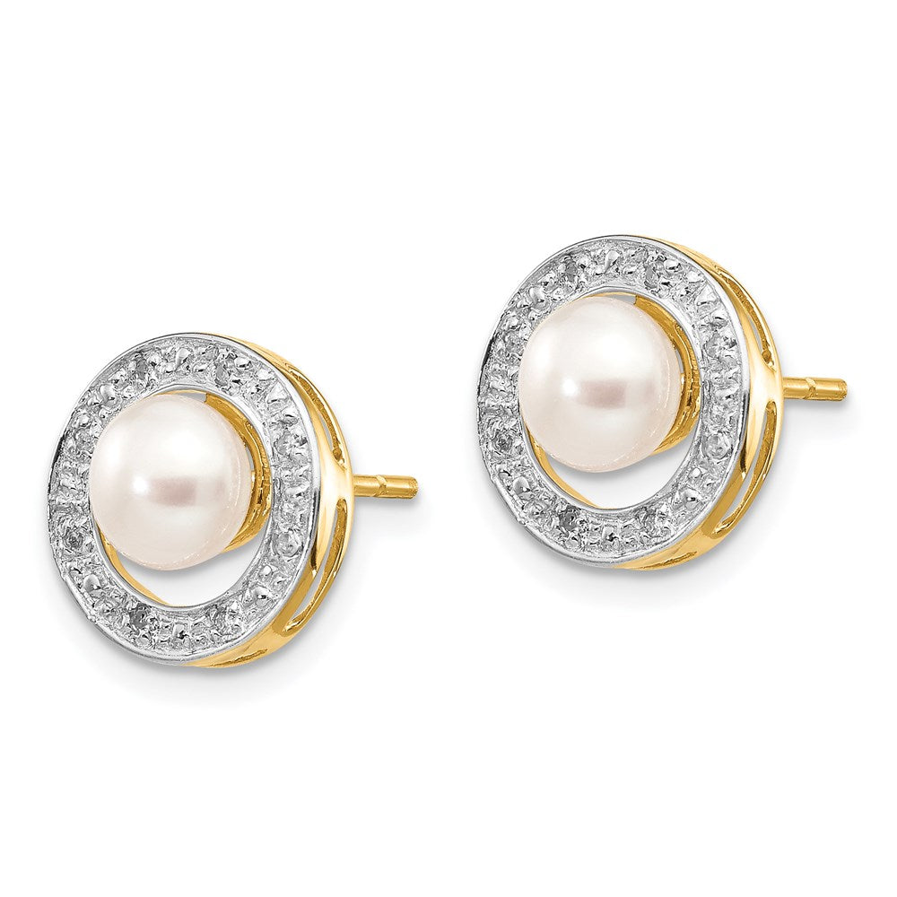 14k Yellow Gold and Rhodium 5-6mm Button FWC Pearl .05ct Real Diamond Post Earrings XE1972P/A