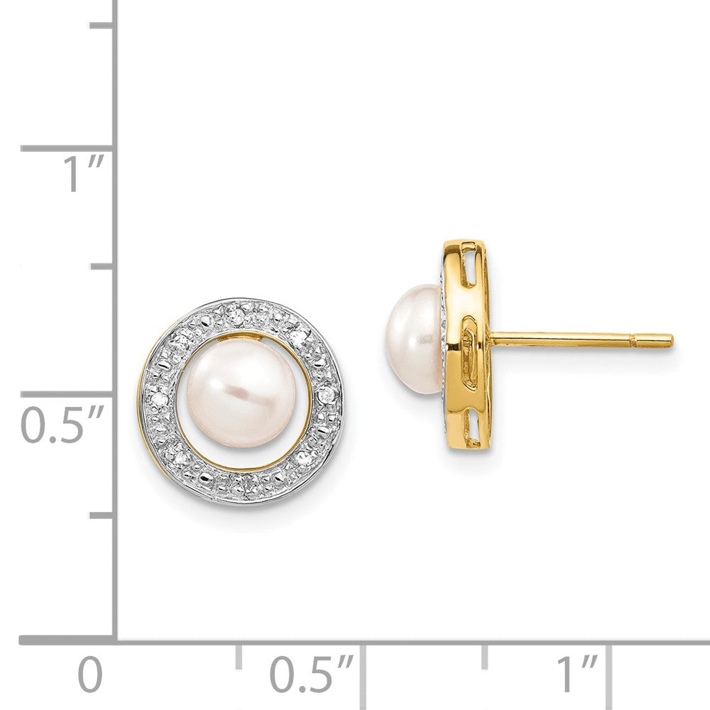14k Yellow Gold and Rhodium 5-6mm Button FWC Pearl .05ct Real Diamond Post Earrings XE1972P/A