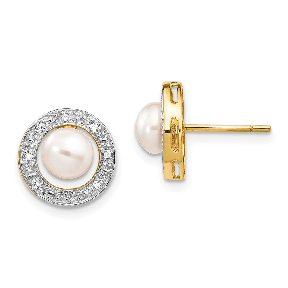 14k Yellow Gold and Rhodium 5-6mm Button FWC Pearl .05ct Real Diamond Post Earrings XE1972P/A
