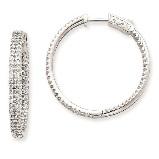 14k White Gold WG Diamond Round Hoop w/Safety Clasp Earrings