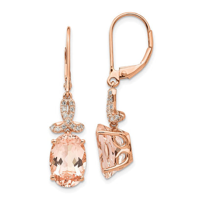 14k Rose Gold Real Diamond and Morganite Oval Leverback Dangle Earrings XE2158MG/AA