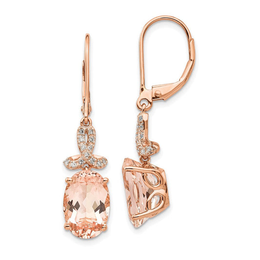 14k Rose Gold Real Diamond and Morganite Oval Leverback Dangle Earrings XE2158MG/AA