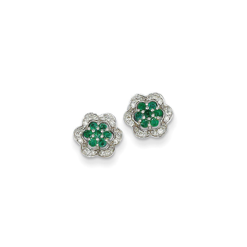 14k White Gold 1/8Ct Real Diamond & Emerald Earrings XE2381E/AA