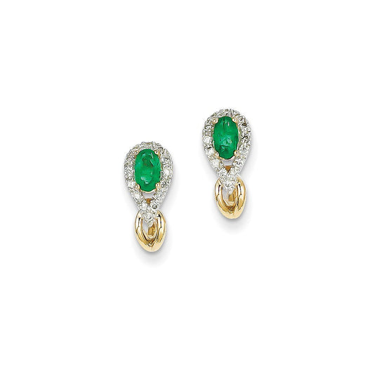 14k Yellow Gold 1/8Ct Real Diamond & Emerald Earrings XE2392E/AA