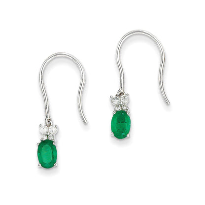 14k White Gold 1/8ct Real Diamond & Emerald Shepherd Hook Earrings XE2411E/AA