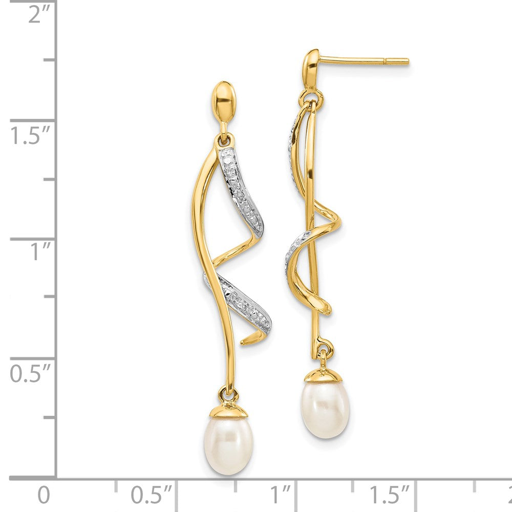 14k Yellow Gold 7x5mm White Teardrop FWC Pearl .01ct Real Diamond Dangle Earrings XE2514AA