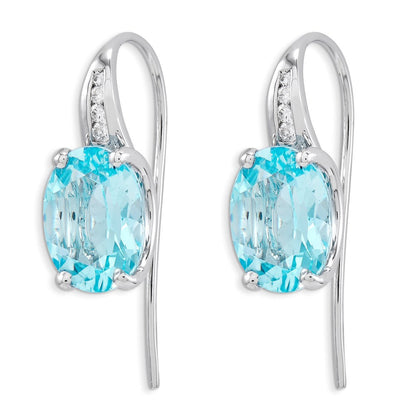 14k White Gold Real Diamond and Blue Topaz Oval Dangle Earrings XE2599BT/AA