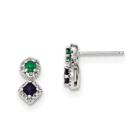 14K White Gold Real Diamond, Sapphire & Emerald Earrings XE2803AA