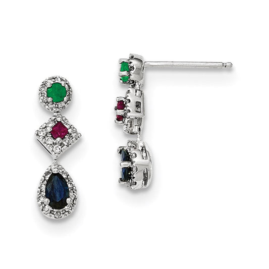 14K White Gold Real Diamond, Sapphire, Emerald & Ruby Earrings XE2805AA