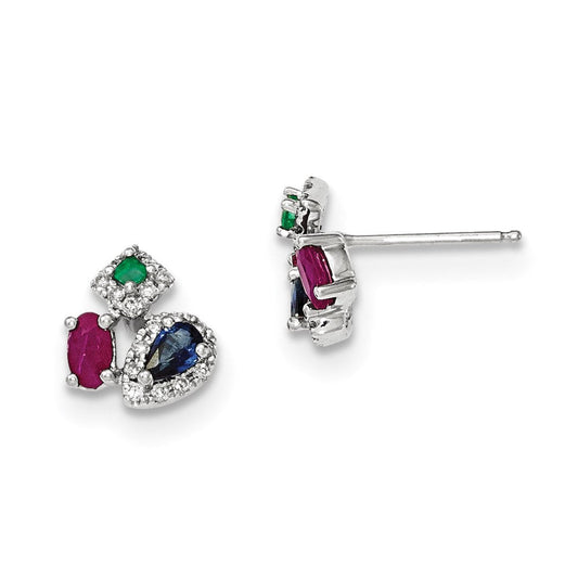 14K White Gold Real Diamond, Sapphire, Emerald & Ruby Earrings XE2806AA