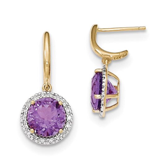 14k Yellow Gold Amethyst w/Real Diamond Halo Post Dangle Earrings XE2821AM/AA
