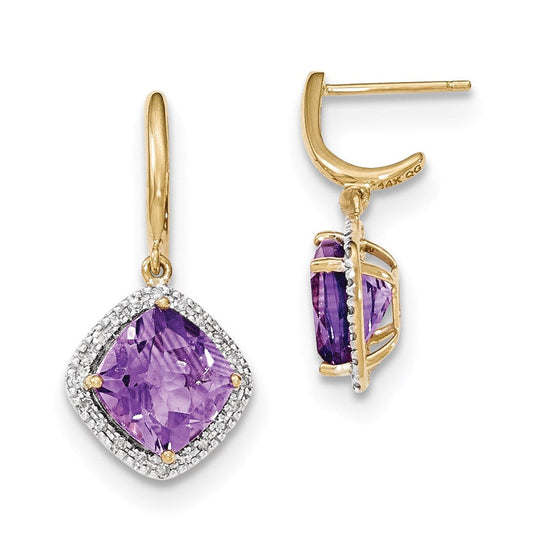 14k Yellow Gold Amethyst w/Real Diamond Halo Post Dangle Earrings XE2822AM/AA