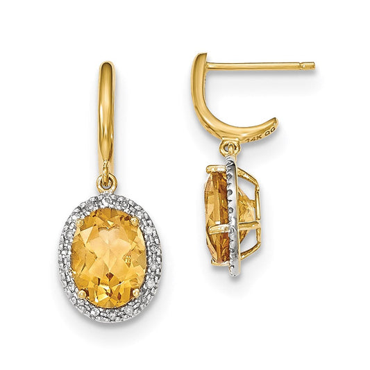 14k Yellow Gold Citrine w/Real Diamond Halo Post Dangle Earrings XE2833CI/AA
