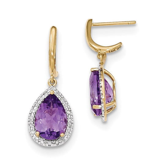 14k Yellow Gold Amethyst w/Real Diamond Halo Post Dangle Earrings XE3062AM/AA