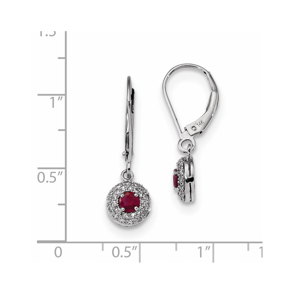 14k White Gold Real Diamond Halo Ruby Leverback Dangle Earrings XE3096R/AA