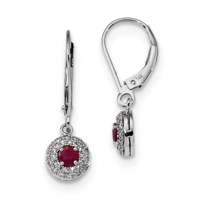 14k White Gold Real Diamond Halo Ruby Leverback Dangle Earrings XE3096R/AA