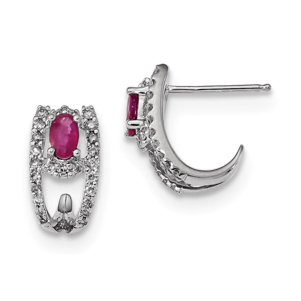 14k White Gold Real Diamond and Ruby Polished J Hoop Earrings XE3098R/AA