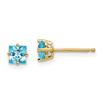 14k Yellow Gold 4mm Princess Cut Blue Topaz Earrings XE60BT