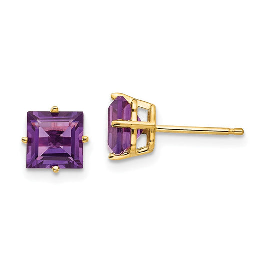 14k Yellow Gold 6mm Princess Cut Amethyst Earrings XE62AM