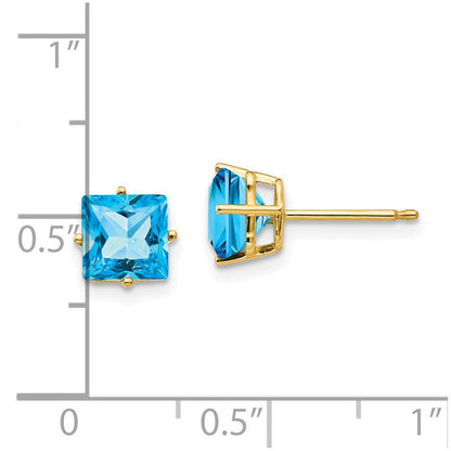 14k Yellow Gold 6mm Princess Cut Blue Topaz Earrings XE62BT