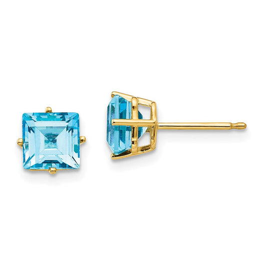 14k Yellow Gold 6mm Princess Cut Blue Topaz Earrings XE62BT