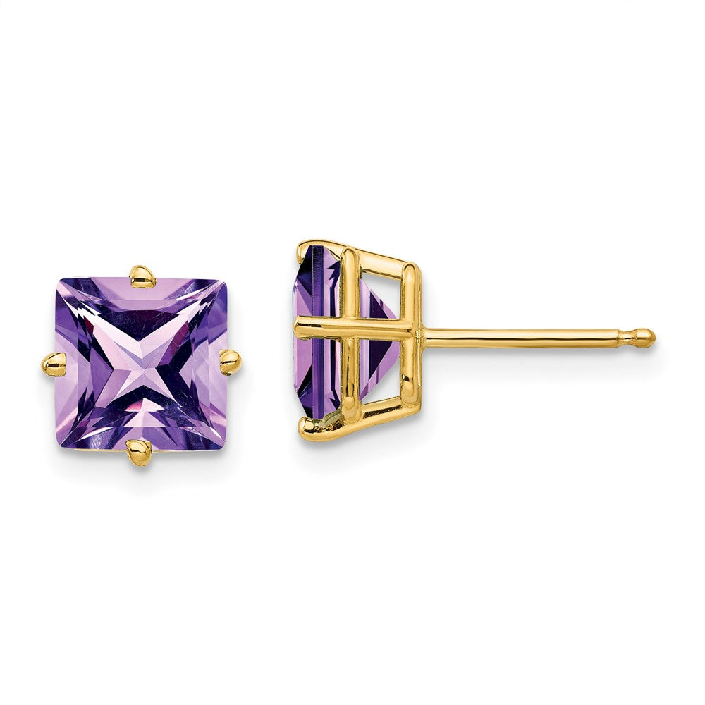 14k Yellow Gold 7mm Princess Cut Amethyst Earrings XE63AM