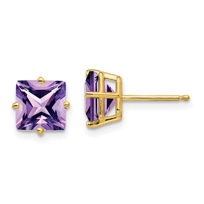 14k Yellow Gold 7mm Princess Cut Amethyst Earrings XE63AM