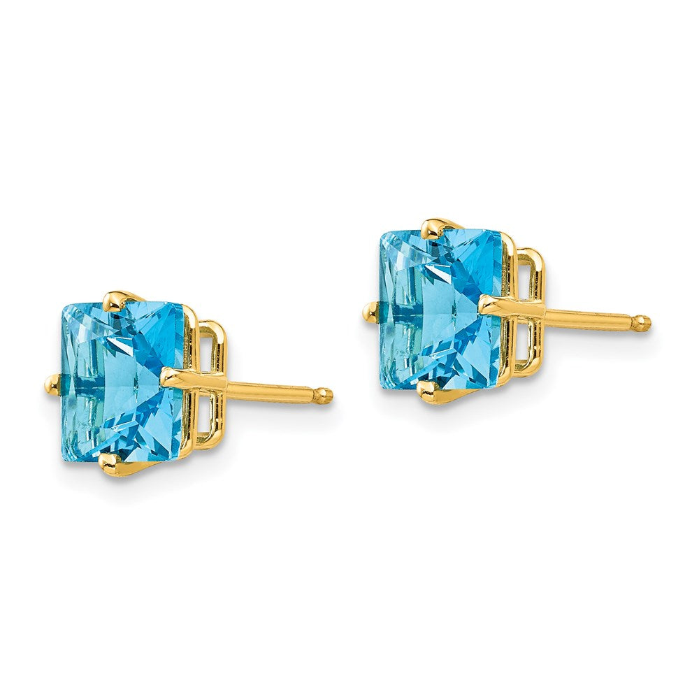14k Yellow Gold 7mm Princess Cut Blue Topaz Earrings XE63BT