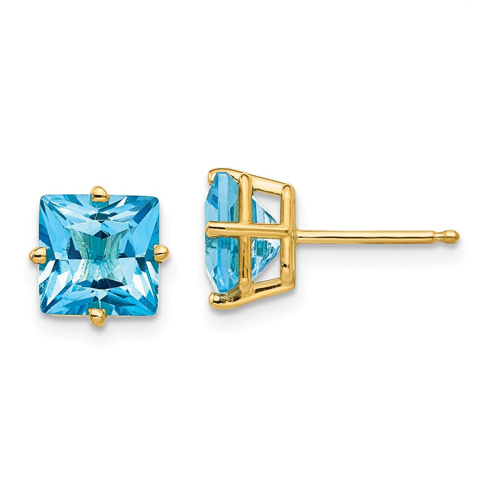 14k Yellow Gold 7mm Princess Cut Blue Topaz Earrings XE63BT
