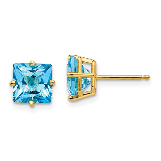 14k Yellow Gold 7mm Princess Cut Blue Topaz Earrings XE63BT