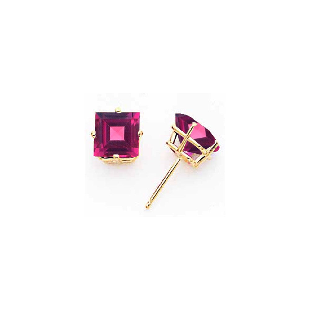 14k Yellow Gold 7mm Princess Cut Rhodolite Garnet earring