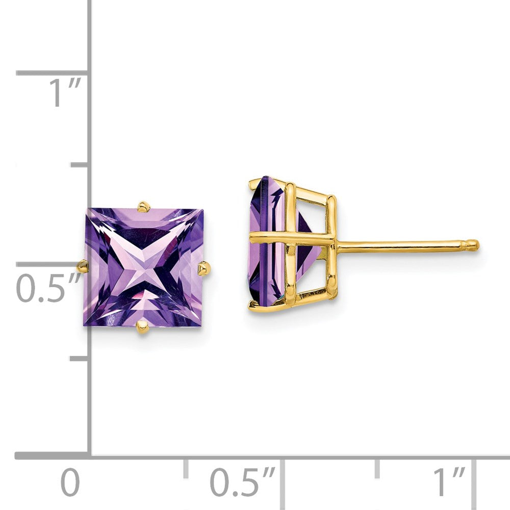 14k Yellow Gold 8mm Princess Cut Amethyst Earrings XE64AM