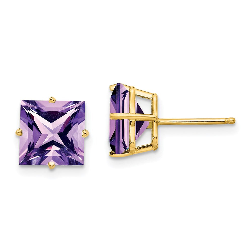 14k Yellow Gold 8mm Princess Cut Amethyst Earrings XE64AM