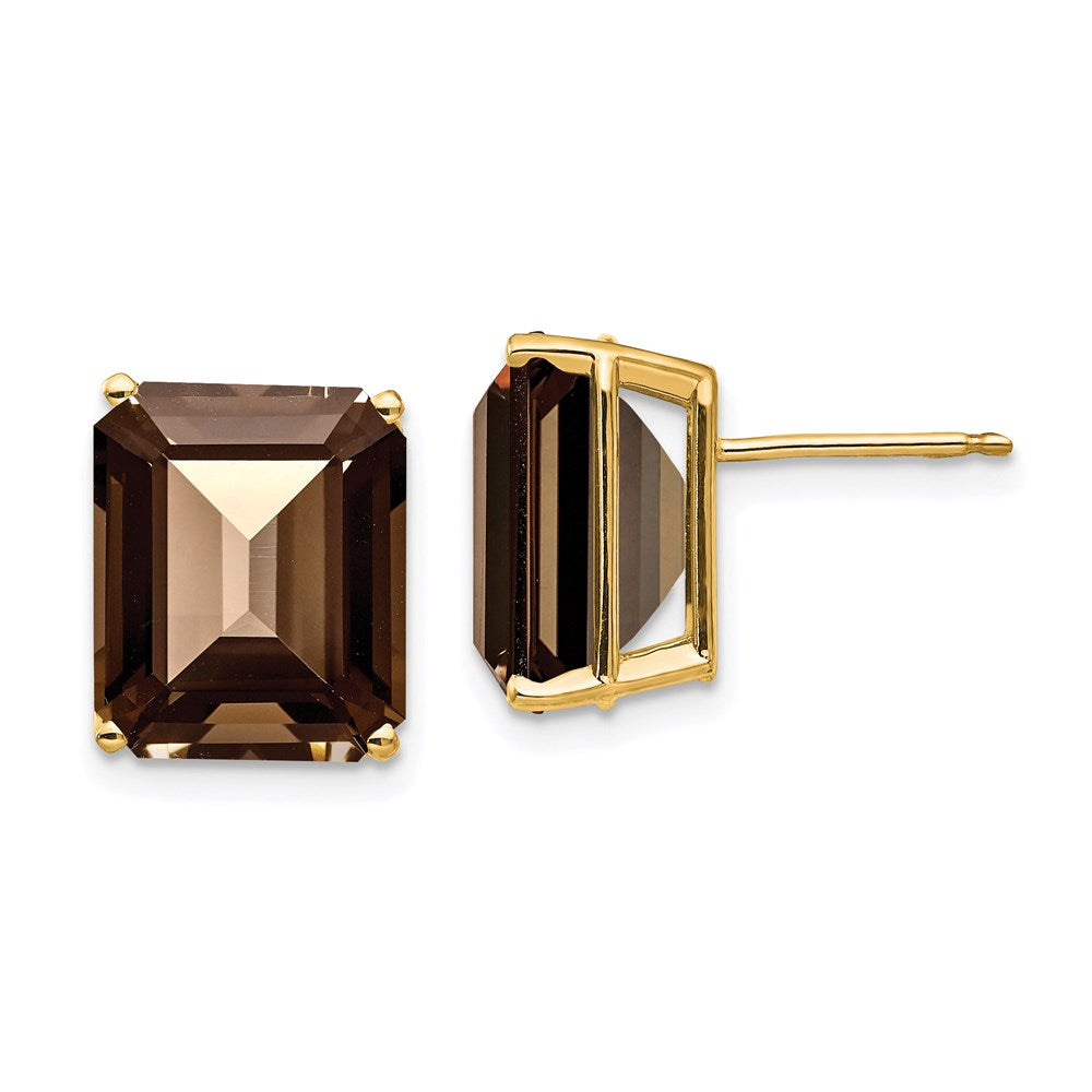 14k Yellow Gold 12x10 Emerald Cut Smok Yellow Gold Quartz Earrings XE70SQ
