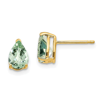 14k Yellow Gold 7x5 Pear Checker-Cut Green Quartz Earrings XE80CG
