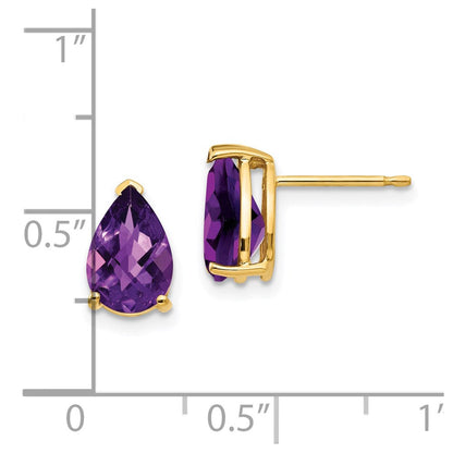 14k Yellow Gold 9x6mm Pear Amethyst Checker Earrings XE82AC