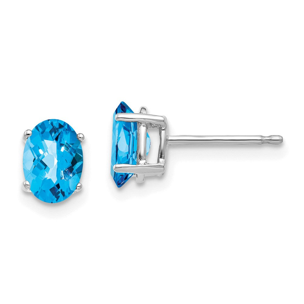 14k White Gold 7x5mm Oval Blue Topaz Checker Earrings XE87WBC