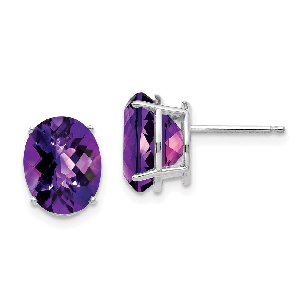14k White Gold 10x8mm Oval Amethyst Checker Earrings XE90WAC