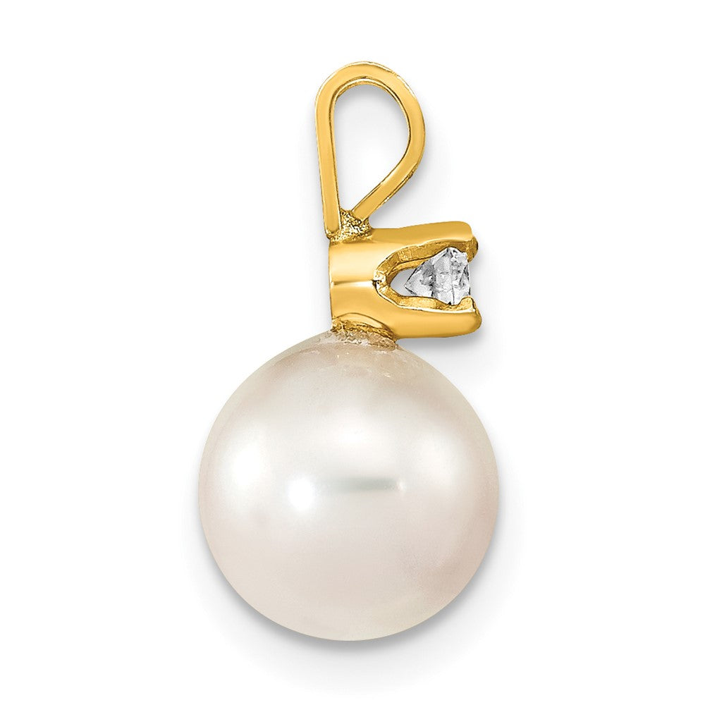 14k 8 9mm Round White Saltwater Akoya Cultured Pearl Diamond Pendant