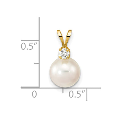 14k 8 9mm Round White Saltwater Akoya Cultured Pearl Diamond Pendant