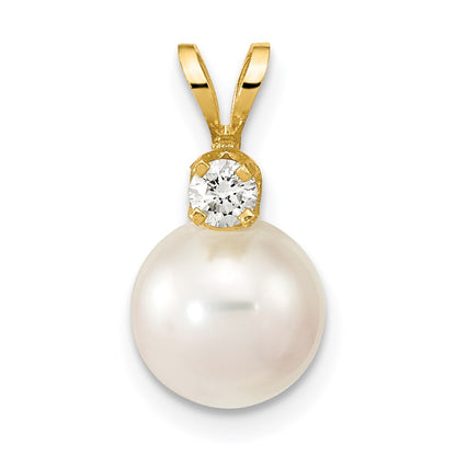 14k 8 9mm Round White Saltwater Akoya Cultured Pearl Diamond Pendant