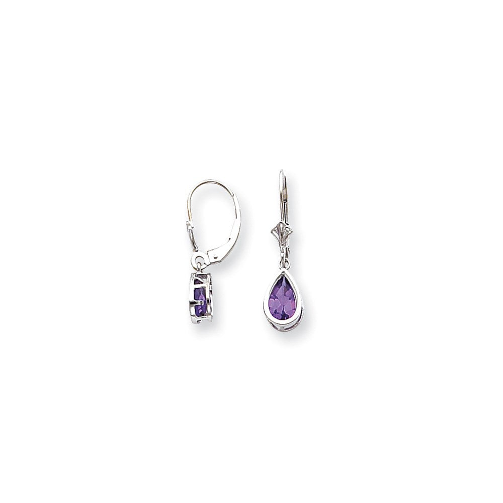 14k White Gold 8x5mm Pear Amethyst Checker leverback Earrings XLB103WAC