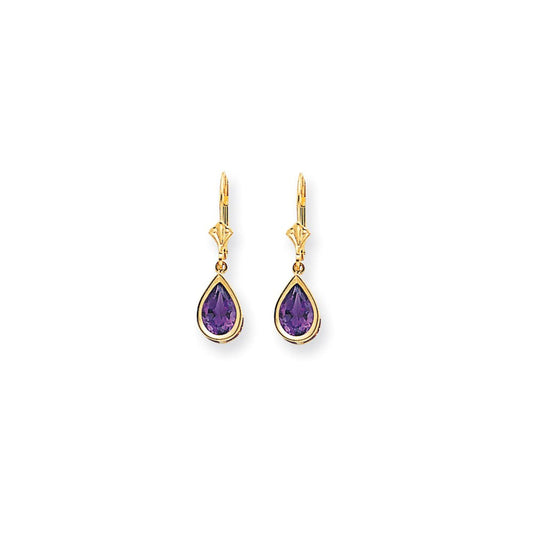 14k Yellow Gold 9x6mm Pear Amethyst Checker leverback Earrings XLB104AC