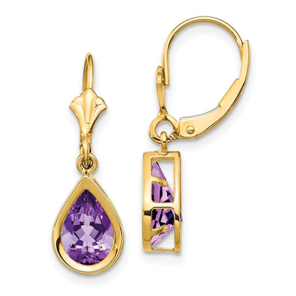14k Yellow Gold 9x6mm Pear Amethyst Leverback Earrings XLB104AM