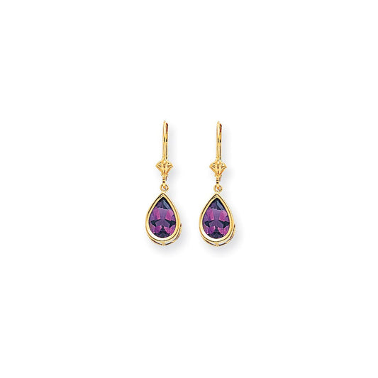 14k Yellow Gold 10x7mm Pear Amethyst Checker leverback Earrings XLB105AC